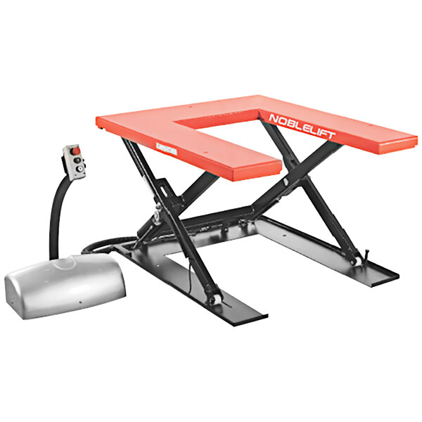 A red and black Noblelift electric scissor lift table with a white platform.