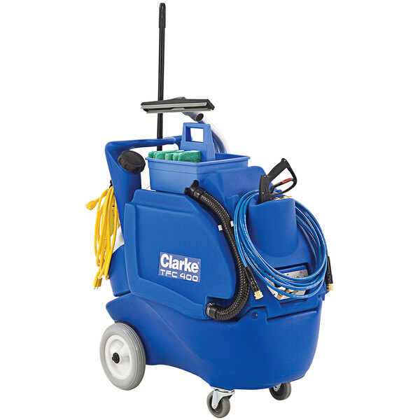 A blue Clarke TFC 400 All-Purpose Cleaning Machine with hoses.