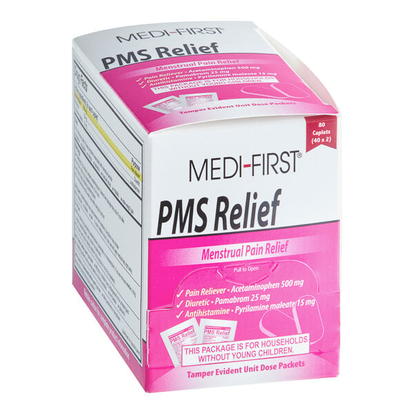 A pink and white box of Medi-First PMS Relief Caplets.