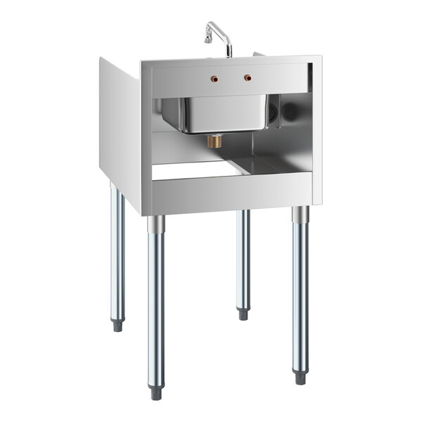 A stainless steel station with four legs, a small sink, and a faucet on top.