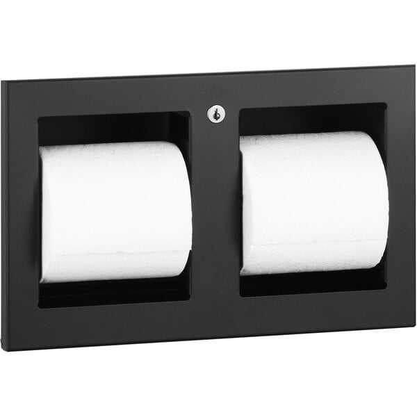 A Bobrick black stainless steel recessed double toilet tissue dispenser with two rolls of toilet paper.
