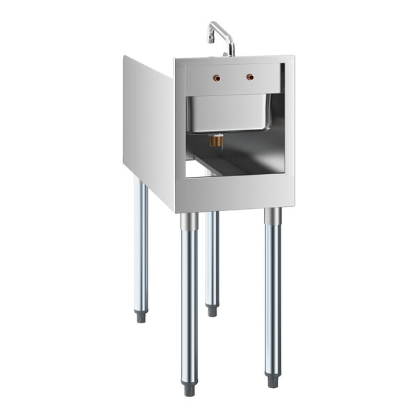 A stainless steel station with four legs, a small sink, and a faucet on top.