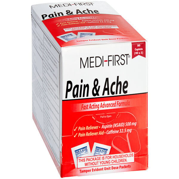 A red and white Medi-First box of 80 Pain and Ache caplets.