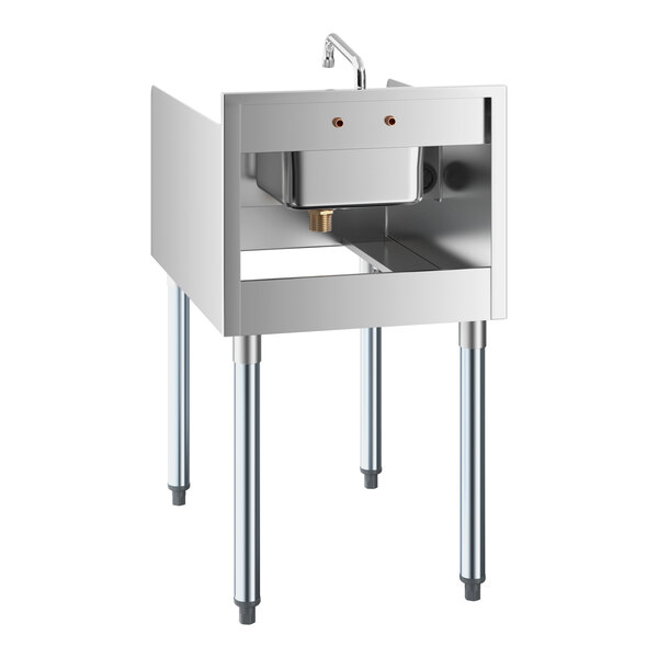 A stainless steel blender station with four legs, a small sink, and a faucet, viewed from the front.