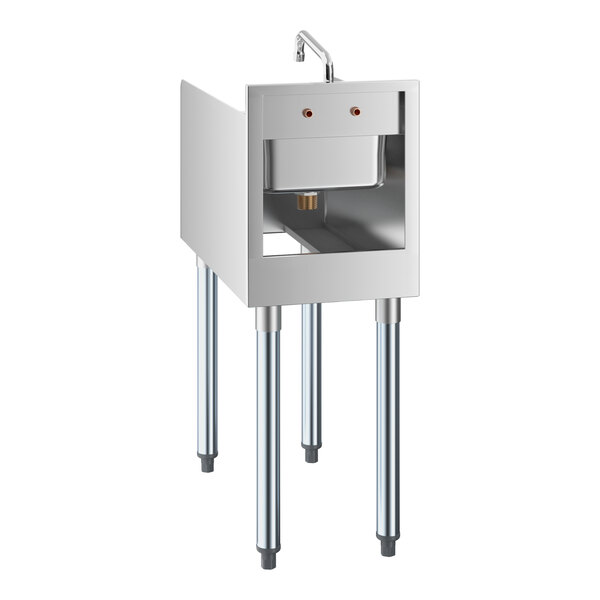 A stainless steel station with four legs, a small sink, and a faucet on top.