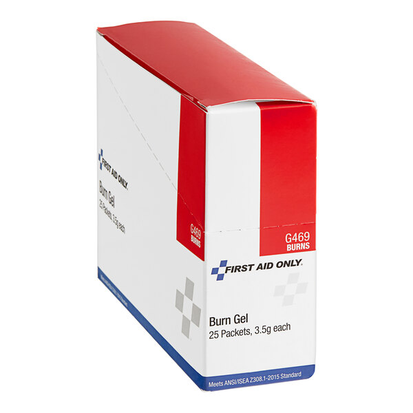 A white box of First Aid Only burn gel packets with red and white text.
