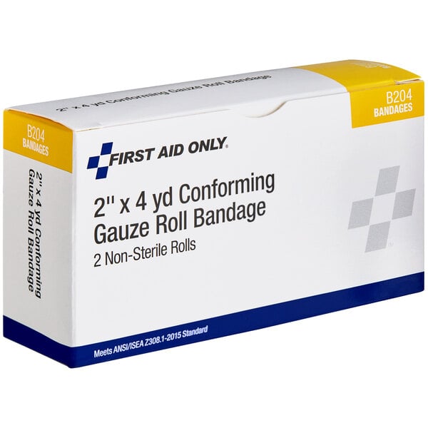 A white and blue First Aid Only box containing 2 rolls of conforming gauze.