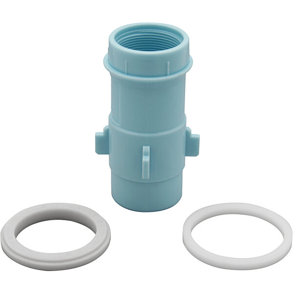 A blue plastic cylinder with a blue cap and a white round object with a couple of gaskets.