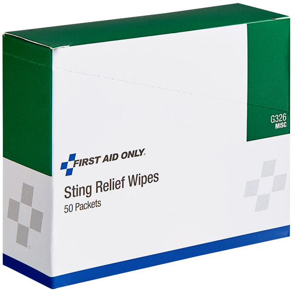 A white box of 50 First Aid Only sting relief wipes with green and blue text.
