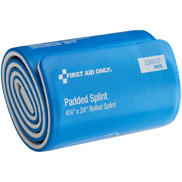 A blue and white rolled up First Aid Only padded splint.