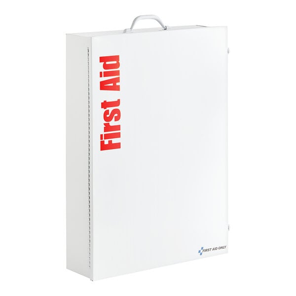 A white First Aid Only 5-shelf first aid cabinet with red text.