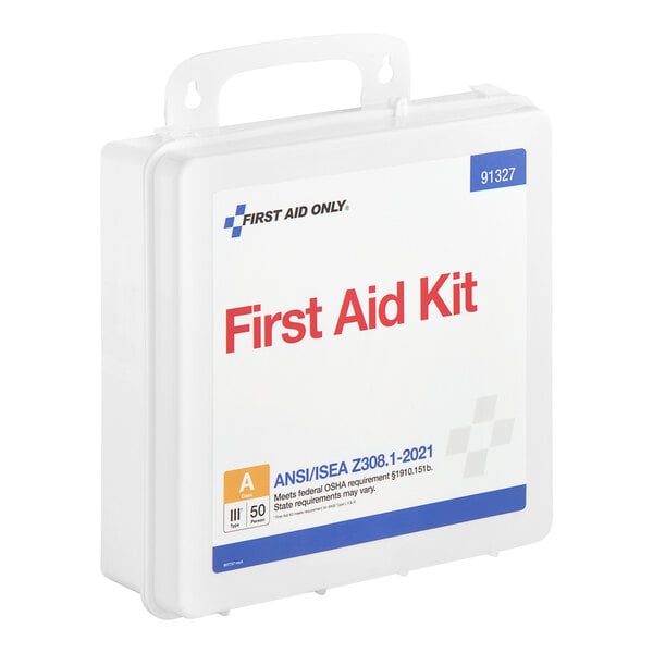 A white First Aid Only first aid kit with red and blue text.
