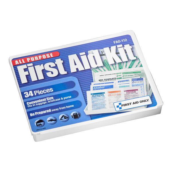 A white First Aid Only box with blue and white text.
