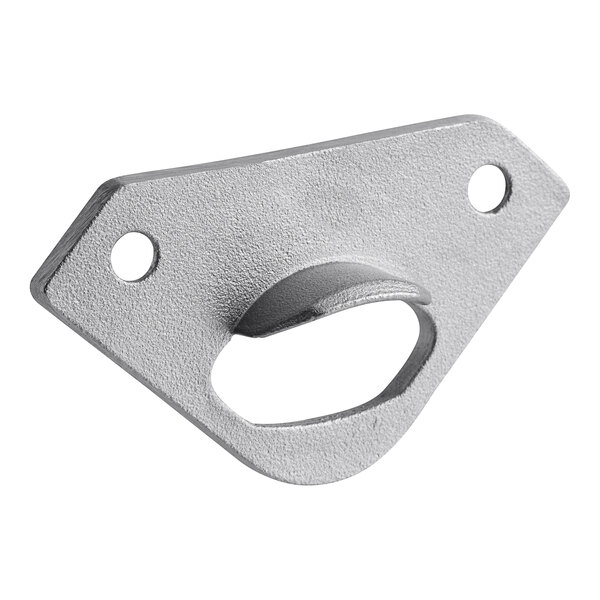 A silver metal CaterGator bottle opener bracket with holes.