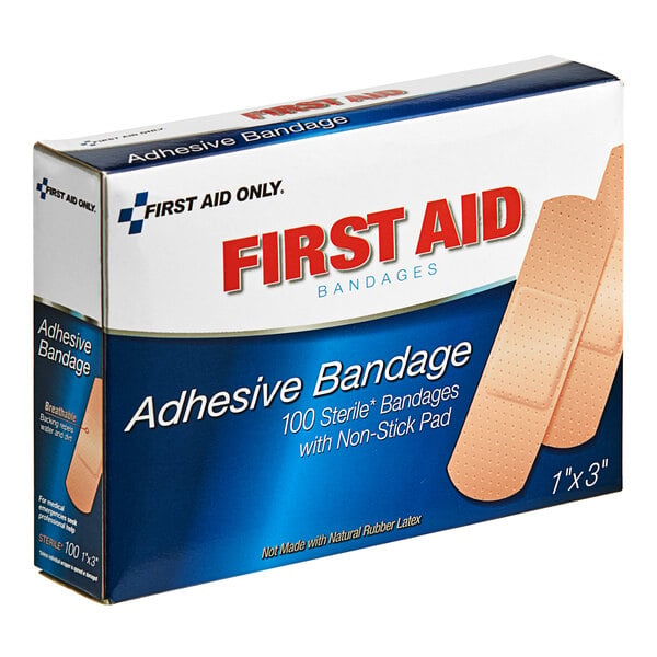 A box of 100 First Aid Only plastic adhesive bandages.