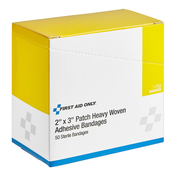 A white and yellow PhysiciansCare box of 50 heavy woven fabric adhesive bandages.