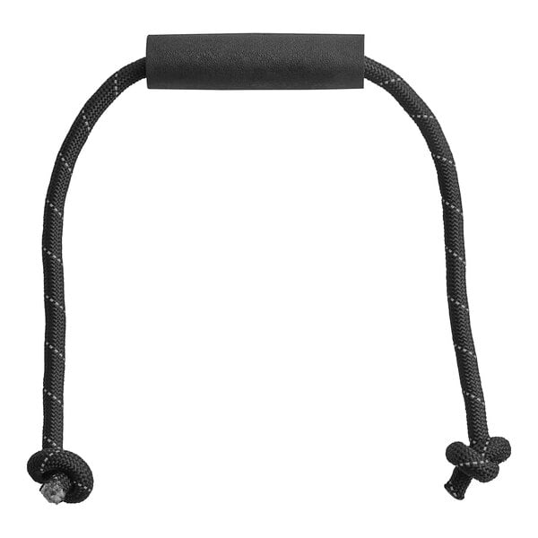 A black rope with a rubber handle and metal hook.