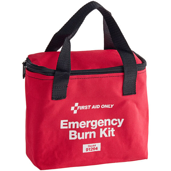 A red First Aid Only fabric case with white text reading "Enhanced Burn Care Kit" containing burn care supplies.