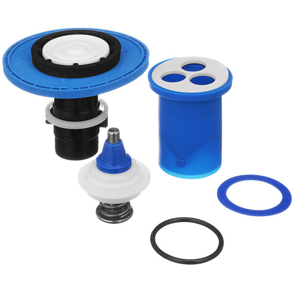 A blue and white plastic container with a Zurn Diaphragm Rebuild Kit inside.