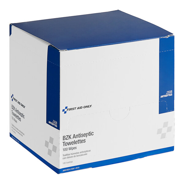 A white box with blue cover for First Aid Only BZK Antiseptic Wipes.