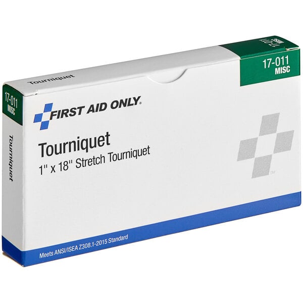 A white box with blue and green text reading "First Aid Only 1" x 18" Rubber Tourniquet"