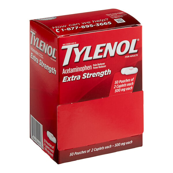 A red and white box of Tylenol Extra Strength Acetaminophen tablets.