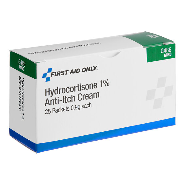 A white box with blue and green text containing First Aid Only Hydrocortisone 1% Anti-Itch Cream Packets.