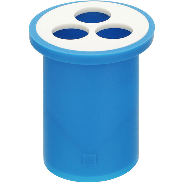 A blue and white cylinder with three holes.