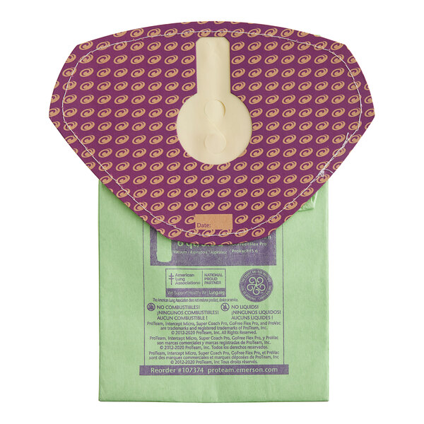 A purple and green vacuum cleaner bag with a circle on the front.