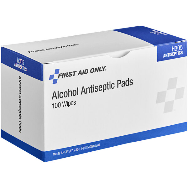 A white and blue First Aid Only box of 100 alcohol antiseptic pads.