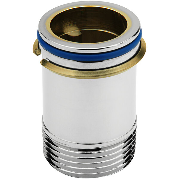 A silver and blue cylinder with a chrome and gold tailpiece assembly for Zurn flush valves.