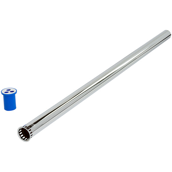 A silver tube with a blue cap and a blue and white label.