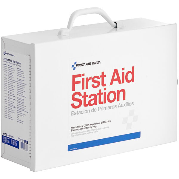 A white First Aid Only 2-shelf first aid cabinet.