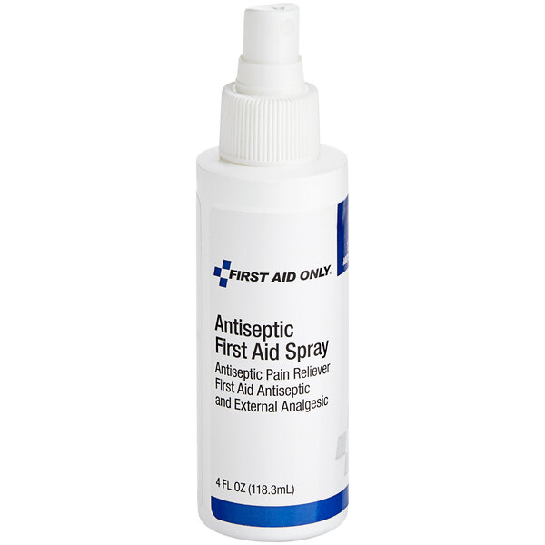 A white bottle of First Aid Only antiseptic spray with a blue label.