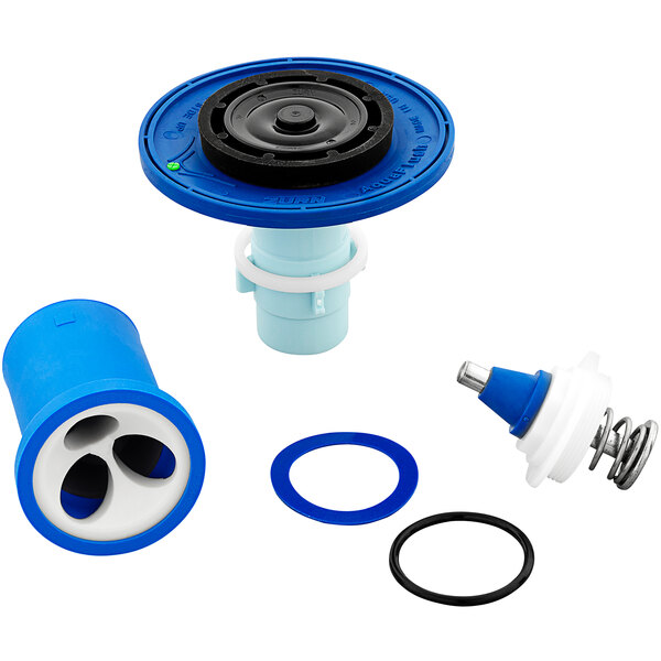 A Zurn blue and white plastic diaphragm repair kit with rubber rings.