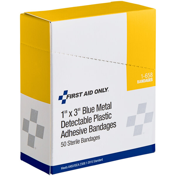 A white and yellow box with blue and white text that reads "PhysiciansCare 1" x 3" Blue Plastic Adhesive Strip Bandage - 50/Box"