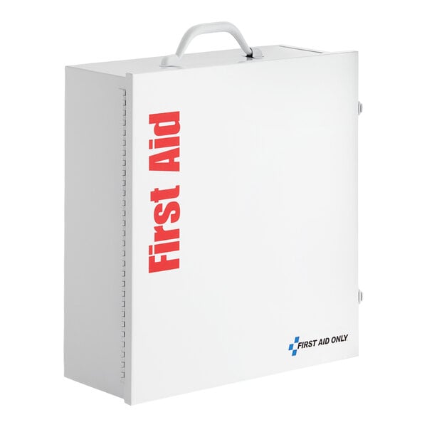 A white First Aid Only 3-shelf first aid cabinet with red lettering.