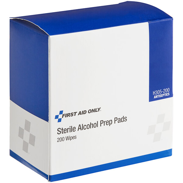 A blue and white First Aid Only box of 200 alcohol antiseptic pads with a white label.