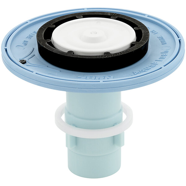 A blue and white plastic Zurn diaphragm valve assembly with a white circular object and black rivets.