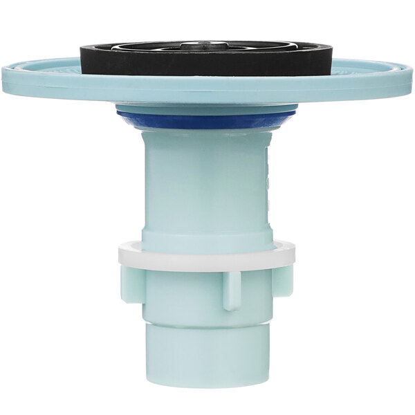 A white and black plastic Zurn diaphragm valve assembly with a round blue base and black cap.