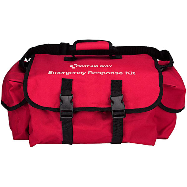 A red First Aid Only first responder kit with black straps.