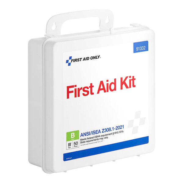 A white First Aid Only Class B first aid kit with a blue lid.