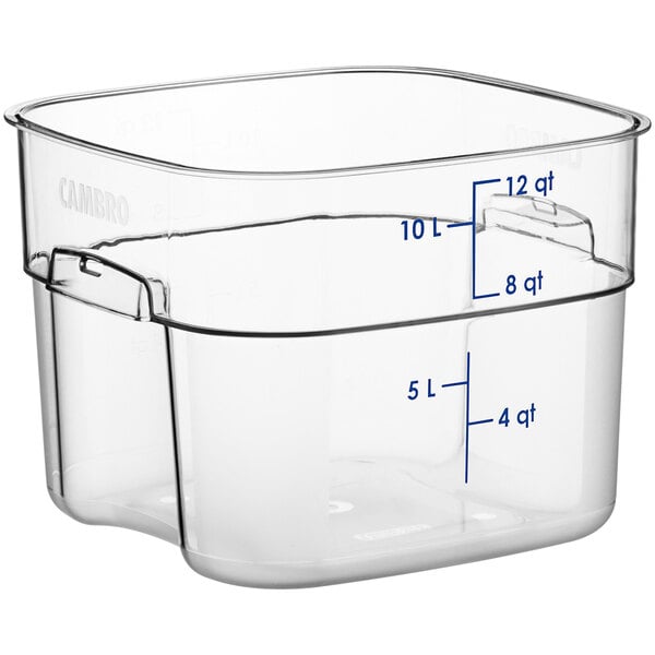 A clear plastic Cambro CamSquares food storage container with blue writing.