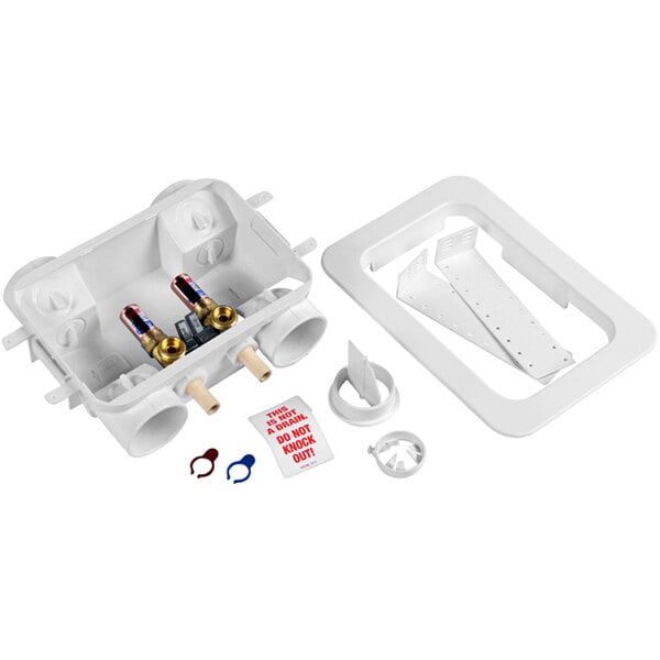 A white plastic Oatey washing machine outlet box with water valves and hoses.