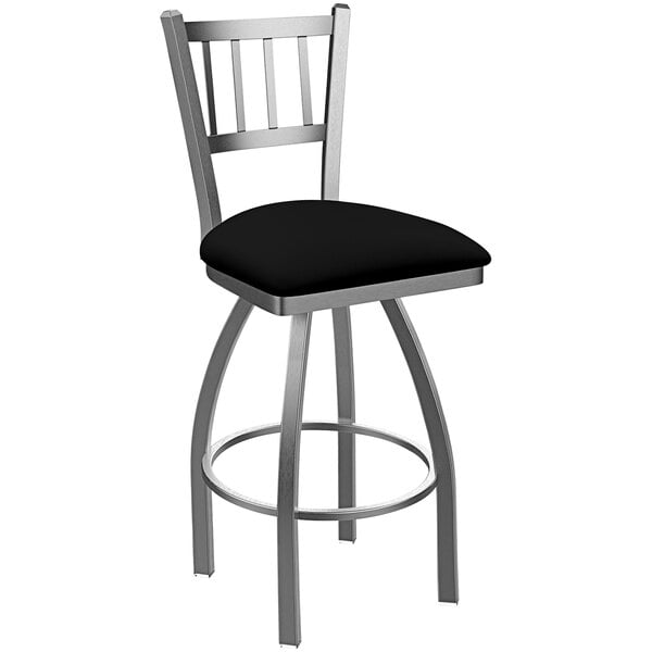 A Holland Bar Stool stainless steel slat back outdoor counter stool with a black seat and backrest.