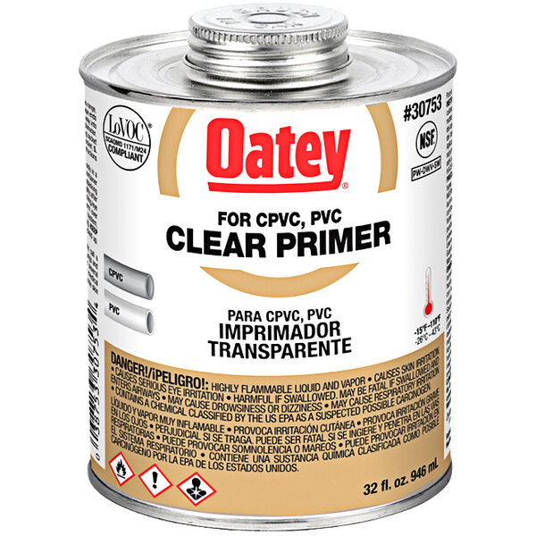 A can of Oatey clear primer for PVC/CPVC pipe and fittings.