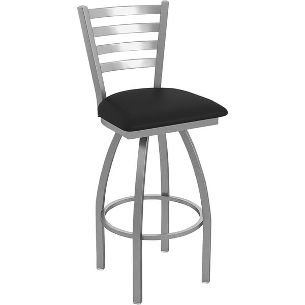 A Holland Bar Stool outdoor restaurant bar stool with a black seat and stainless steel legs.