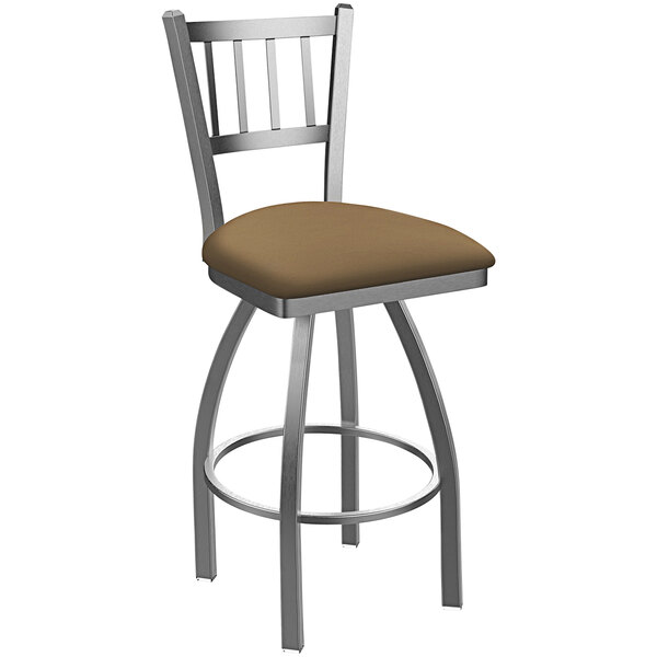 A Holland Bar Stool stainless steel slat back bar stool with a brown seat.