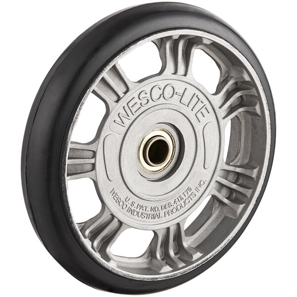 An aluminum wheel with a black rubber rim and silver spokes.