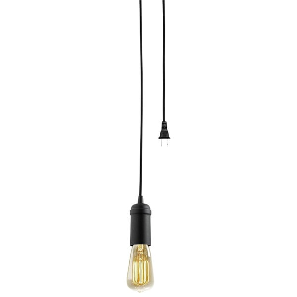 A Globe matte black exposed bulb hanging from a black pole with a plug.